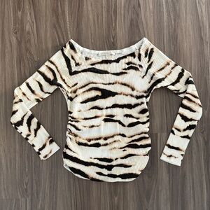 Boston Proper Cream and Black Tiger-Print Ribbed Long-Sleeve Sweater